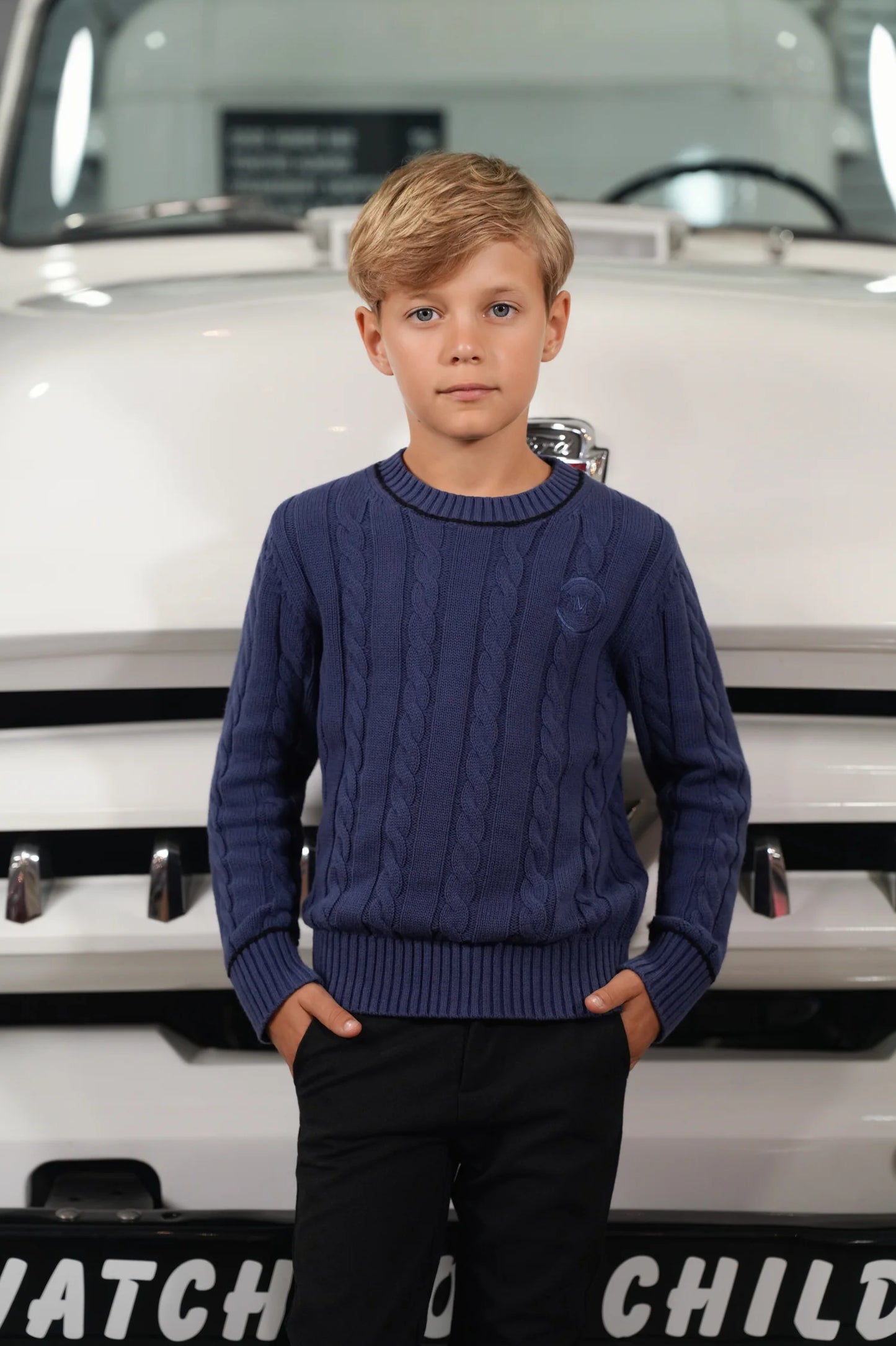 Archer blue piped cable sweater FW26