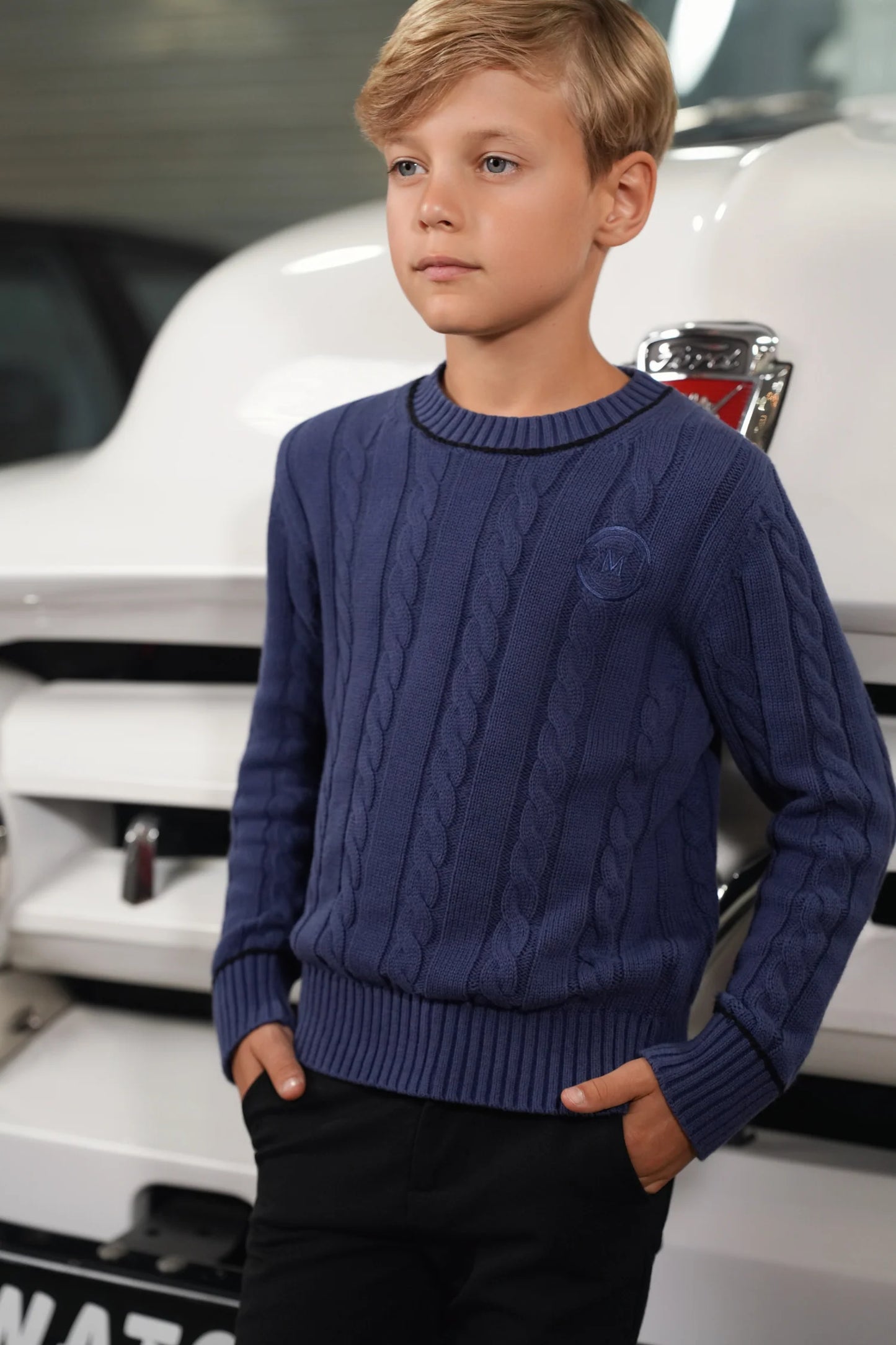 Archer blue piped cable sweater FW26