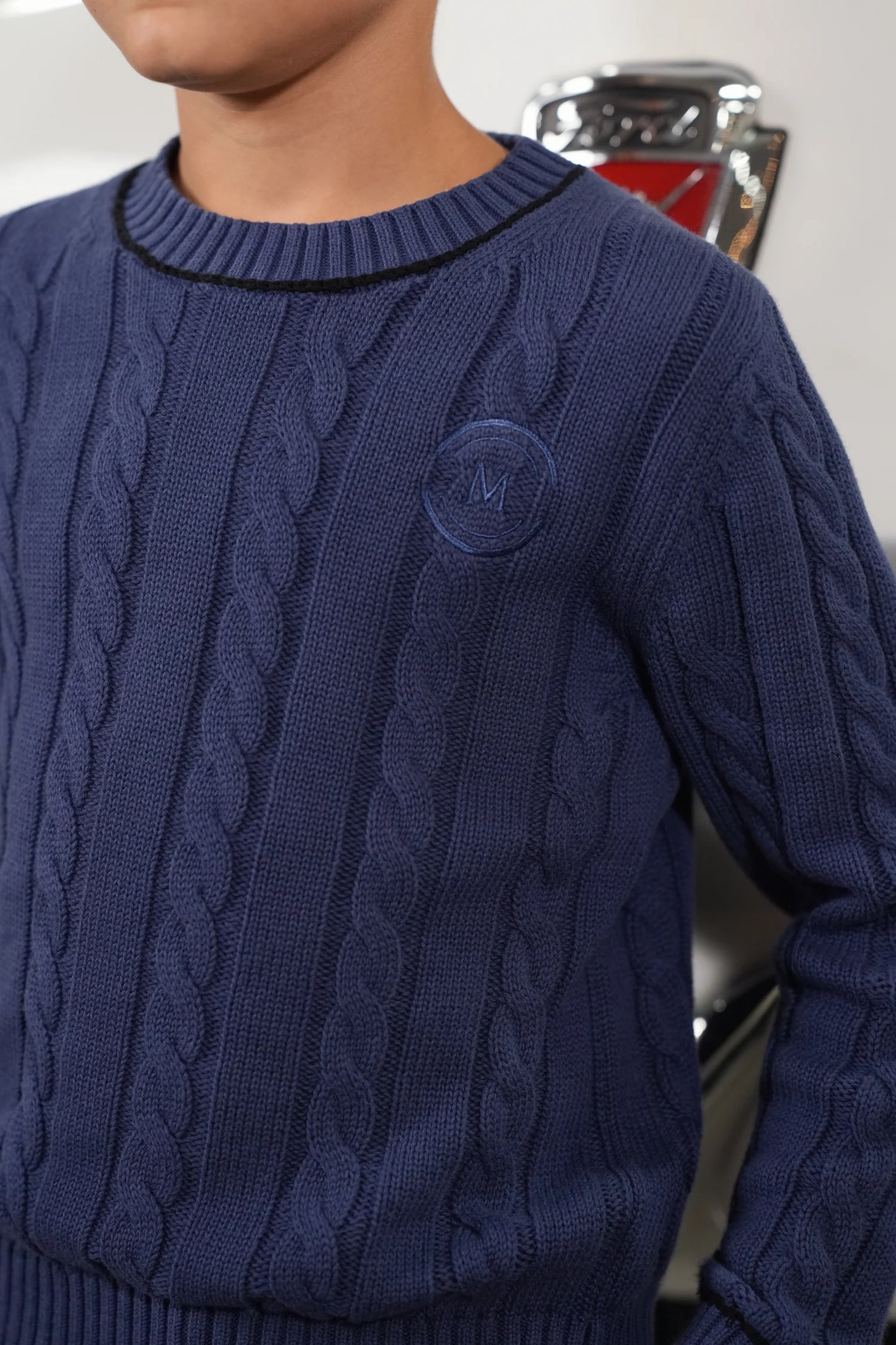 Archer blue piped cable sweater FW26