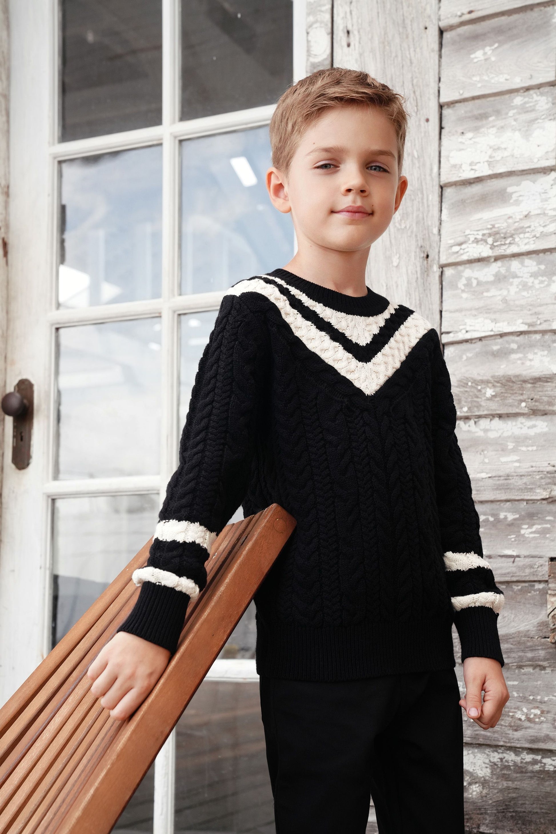 Cable Knit Black V-Neck Sweater - Main Image